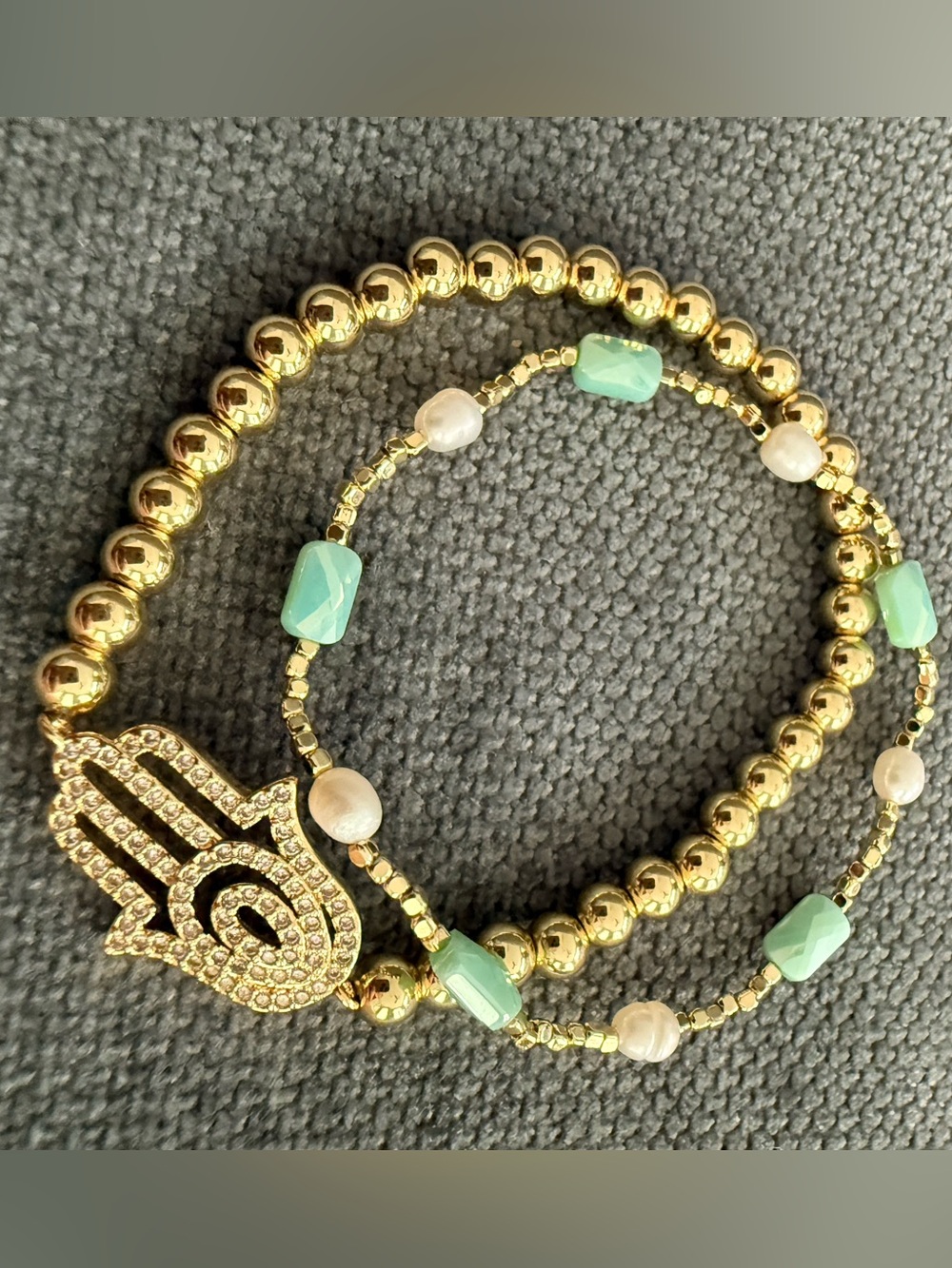 Gold Hamsa Beaded Stretch Bracelet and Freshwater pearl and Mint Stones Set